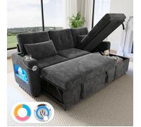 Canapé Convertible 3 Places en L avec LED et USB C et Porte-Gobelet, Canapé d'angle avec Rangement et Poche Latérale,Canapé Lit Gris