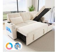 Canapé Convertible 3 Places en L avec LED et USB et Porte-Gobelet, Canapé d'angle avec Rangement et Poche Latérale, Canapé Lit Beige