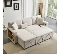 Canapé Convertible 3 Places en L avec USB et étagère Intégrée, Canapé d'angle avec Rangement et Coussins, Canapé Lit Beige