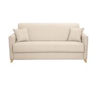 Canapé convertible 3 places en tissu beige et bois clair avec matelas 13 cm SKANDY