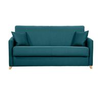 Canapé convertible 3 places en tissu bleu canard et bois clair avec matelas 13 cm SKANDY