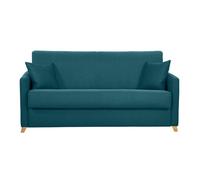 Canapé convertible 3 places en tissu bleu canard et bois clair avec matelas 18 cm SKANDY