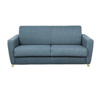 Canapé convertible 3 places en tissu bleu et bois clair avec matelas L140 cm 12 cm GRAHAM