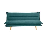 Canapé convertible 3 places en tissu chenille bleu canard et bois clair BINGO