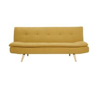 Canapé convertible 3 places en tissu effet velours jaune moutarde et bois clair SENSO