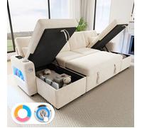 Canapé Convertible 4 Places en U avec LED et USB et Porte-Gobelet, Canapé d'angle avec Rangement et Poches Latérale,Canapé Lit Beige
