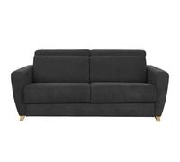 Canapé convertible avec têtières ajustables 3 places en tissu effet velours gris anthracite et bois clair avec matelas 13 cm GOYA