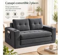 Canapé Convertible Compact Velours Côtelé Gris Foncé - Canapé 2 places - Lit Dépliant Mousse Épaisse Porte-gobelets Poches Doux