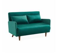 Canapé convertible en velours - Panam - 2 places scandinave. pieds bois foncé. vert. banquette. dossier inclinable