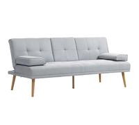 HOMCOM Canapé Convertible 3 Places Design scandinave Inclinaison Dossier réglable 3 Niveaux Dossier Centrale Rabattable 2 Porte-Verres Bois Massif Lin Gris Clair
