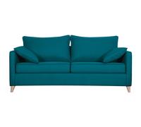 Canapé convertible scandinave 3 places en tissu bleu canard et bois clair avec matelas 10 cm PAPEL