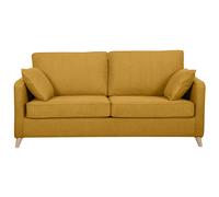 Canapé convertible scandinave 3 places en tissu jaune cumin et bois clair avec matelas 10 cm PAPEL