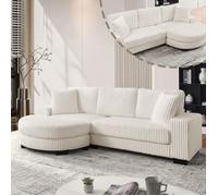 Canapé d’angle 4 places - Memkey - 256,5 x 133,5 x 89 cm - Velours côtelé beige, pouf ovale réversible, 2 coussins