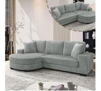 Canapé d’angle 4 places - Memkey - 256,5 x 133,5 x 89 cm - Velours côtelé gris, pouf ovale réversible, 2 coussins