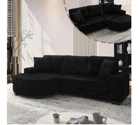 Canapé d’angle 4 places - Memkey - 256,5 x 133,5 x 89 cm - Velours côtelé noir, pouf ovale réversible, 2 coussins