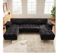 Canapé d’Angle en U 4 à 5 Places Double Méridienne Chenille - TCQPZ - avec 2 Coussins Noir 262 × 134 × 86 cm