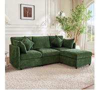 Canapé d’angle L convertible en 3 places, design modulaire, pouf mobile, 4 coussins chenille, Vert