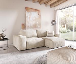 Canapé d’angle Lanzo 230x155 cm velours côtelé beige méridienne réversible avec pouf
