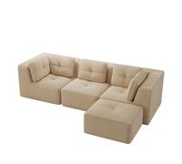 Canapé d’angle modulable 3 places en velours côtelé beige avec ottoman