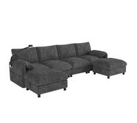 Canapé d’angle modulable U/L 6 places gris, chenille, 2 poufs coffre, USB-C, support téléphone, accoudoirs coussinés