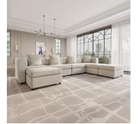 Canapé d’angle panoramique 7 places en tissu modulable avec méridienne et pouf grand sofa scandinave moderne salon séjour gris
