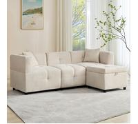 Canapé d'Angle 3 Places avec Rangement, Pouf Coffre Amovible Modulaire et 2 Coussins - Idéal Salon Bureau - Tissu Chenille - Beige