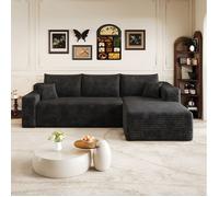 Canapé d'angle 3 places modulaire réversible sans montage, chaise longue, style nuage velours côtelé noir 241 × 151 × 58 cm - UVRION