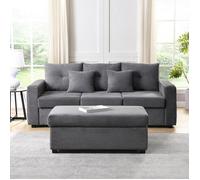 Canapé d'angle 3 places + pouf modulaire - LED modulable - Tissu velours gris - Mousse 15cm haute densité
