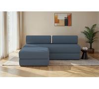Canapé d'angle 4 places - 2 modules convertibles : Canapé 3 places + Pouf - Tissu lisse Bleu
