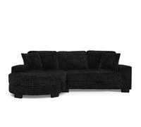 Canapé d'angle 4 places modulable réversible avec pouf ovale et 2 coussins, velours côtelé noir 256,5 x 133,5 x 89 cm