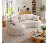 Canapé d'angle arrondi au design courbé,canapé 3 places en velours côtelé pour salon,canapé relax confortable avec porte-gobelets intégrés,poches latérales,coussin assorti inclus,mousse haute densité