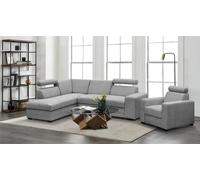 Canapé d'angle avec fauteuil Roma moderne Canapé d'angle avec fauteuil Coin à dormir avec coffre de lit Appuie-tête, Tissu : vardo 06 - gris clair, Ottomane : gauche