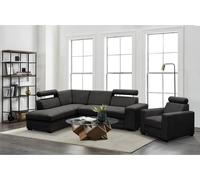 Canapé d'angle avec fauteuil Roma moderne Canapé d'angle avec fauteuil Coin à dormir avec coffre de lit Appuie-tête, Tissu : vardo 19 - noir, Ottomane : gauche