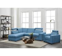 Canapé d'angle avec fauteuil Roma moderne Canapé d'angle avec fauteuil Coin à dormir avec coffre de lit Appuie-tête, Tissu : vardo 87 - bleu, Ottomane : gauche