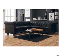 Canapé d'angle - Chesterfield 5 places - Similicuir noir - Cadre bois massif - 205 x 205 x 73 cm