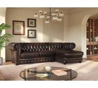 Canapé d'angle chesterfield BRENTON 100% cuir de buffle - Marron reflets châtains - Angle droit