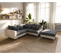 Canapé-d'angle Clovis Blanc Noir avec tabouret et accoudoirs poufs droite