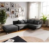 Canapé-d'angle Clovis noir avec tabouret ottoman droite modulaire