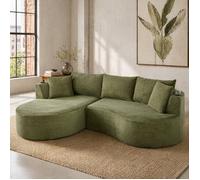 Canapé d'angle compressé 3 places à gauche design arrondi avec porte-gobelet et coussins velours côtelé vert