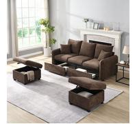 Canapé d'angle convertible 3 places avec rangement et 2 poufs coffres - YEAVIO - modulaire, chenille marron antique
