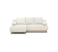 Mika – Canapé d'angle gauche convertible – 3 places – Tissu bouclettes écru – Coffre – 192×84×93 cm
