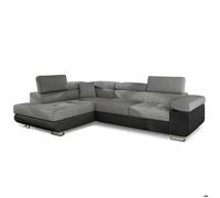 Canapé d'angle convertible Antoni avec têtières relevables Simili Noir et Tissu Gris foncé