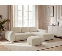 Canapé d'angle convertible coffre grande méridienne MONTAIGNE tissu bouclette avec pouf beige angle droit BOBOCHIC 3 places Angle droit Beige