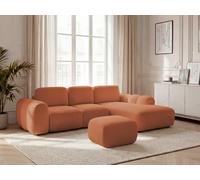 Canapé d'angle convertible coffre grande méridienne MONTAIGNE tissu bouclette avec pouf orange angle droit BOBOCHIC 3 places Angle droit Orange