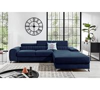 Canapé d'angle Convertible en Tissu Velours Luxe Bleu, 5 Places, Angle Droit (vu de Face) - GRECE Velours