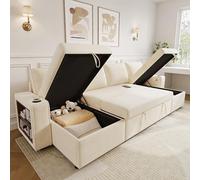 Canapé d'angle convertible en U con porte-gobelet,port USB et tablette d'accoudoir,canapé lit gigogne,méridienne double avec rangement dissimulé,canapé convertible 4 places en chenille (E-Beige)