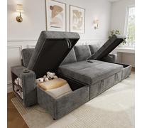 Canapé d'angle convertible en U con porte-gobelet,port USB et tablette d'accoudoir,canapé lit gigogne,méridienne double avec rangement dissimulé,canapé convertible 4 places en chenille (E-Gris)