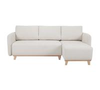 Canapé d'angle convertible et réversible 3-4 places en tissu effet velours beige et bois clair ROMANE