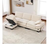Canapé d'angle convertible - GENERIQUE - 3 places - Velours côtelé beige - Pouf de rangement - Port USB-C & poches