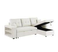 Canapé d'Angle Convertible GLASGOW Beige 4 Places Rangements Intégrés | Étagères dans les accoudoirs, coffre de rangement, couchage 196x113 cm